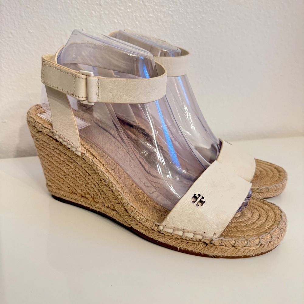 Tory Burch Ivory Leather Strap Espadrille Wedge Sandals Die Cut Logo 9.5 M Boho